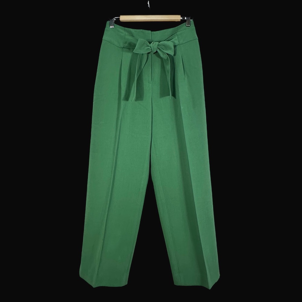 Boden Green Tie Waist Wide Leg Trousers Pants US 8R UK 12R High Rise Pleated